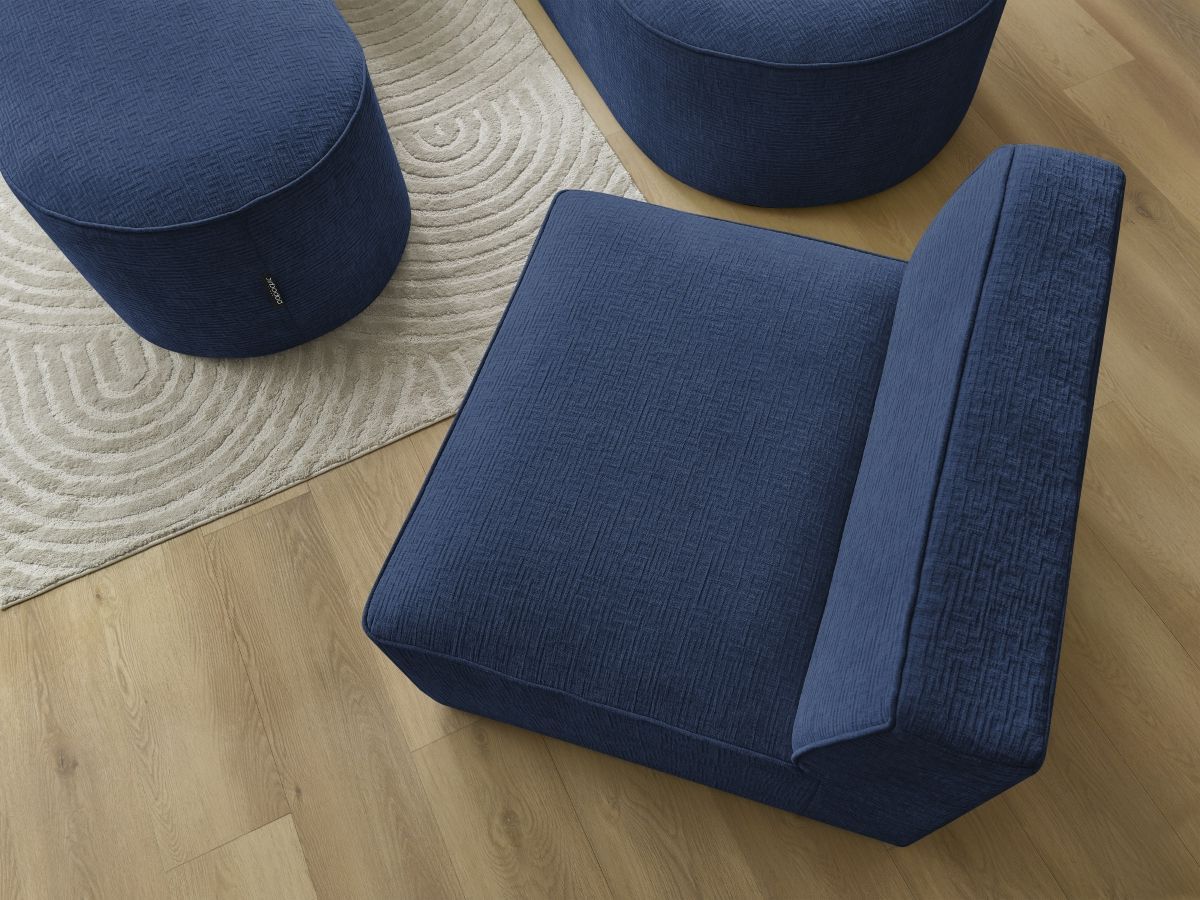 Canapé d'angle fixe modulable ROUSSEAU tissu texturé avec 1 chauffeuse et 1 pouf