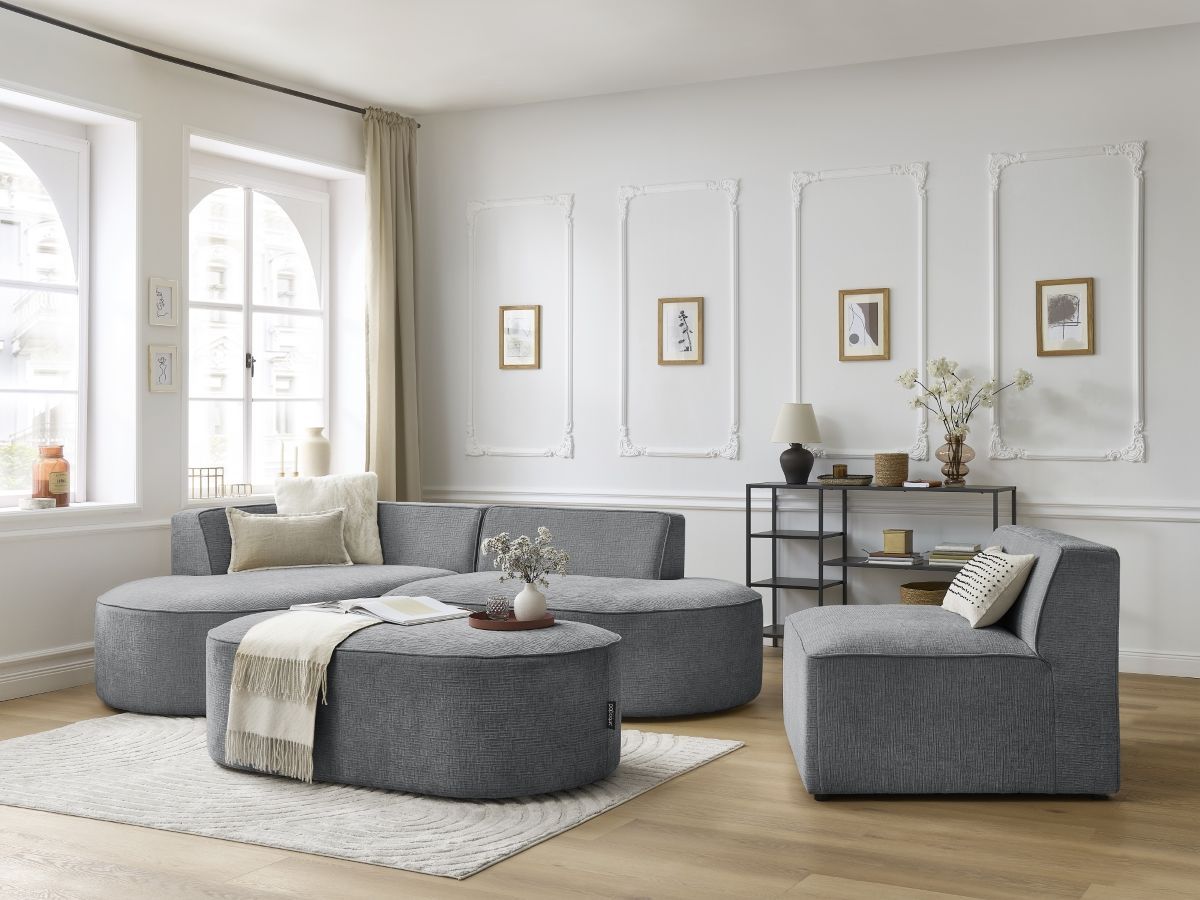 Canapé d'angle fixe modulable ROUSSEAU tissu texturé avec 1 chauffeuse et 1 pouf