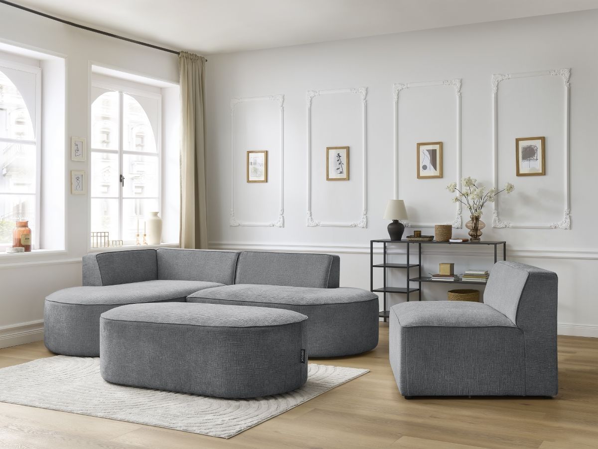 Canapé d'angle fixe modulable ROUSSEAU tissu texturé avec 1 chauffeuse et 1 pouf