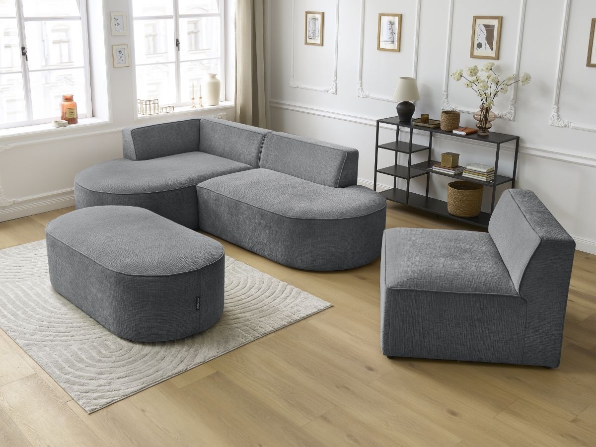 Canapé d'angle fixe modulable ROUSSEAU tissu texturé avec 1 chauffeuse et 1 pouf