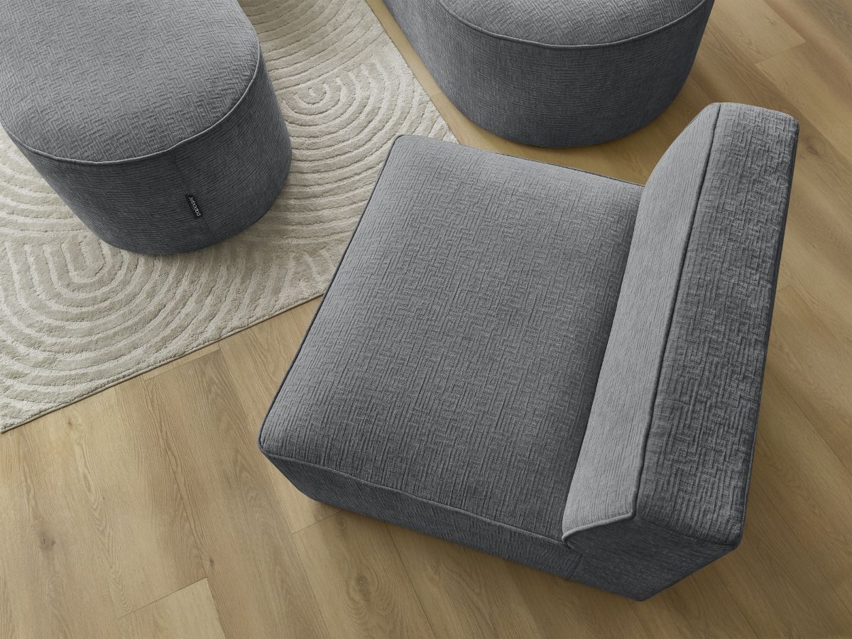 Canapé d'angle fixe modulable ROUSSEAU tissu texturé avec 1 chauffeuse et 1 pouf