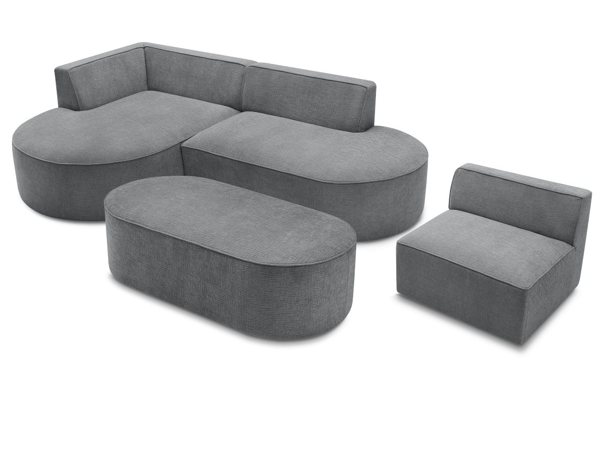 Canapé d'angle fixe modulable ROUSSEAU tissu texturé avec 1 chauffeuse et 1 pouf