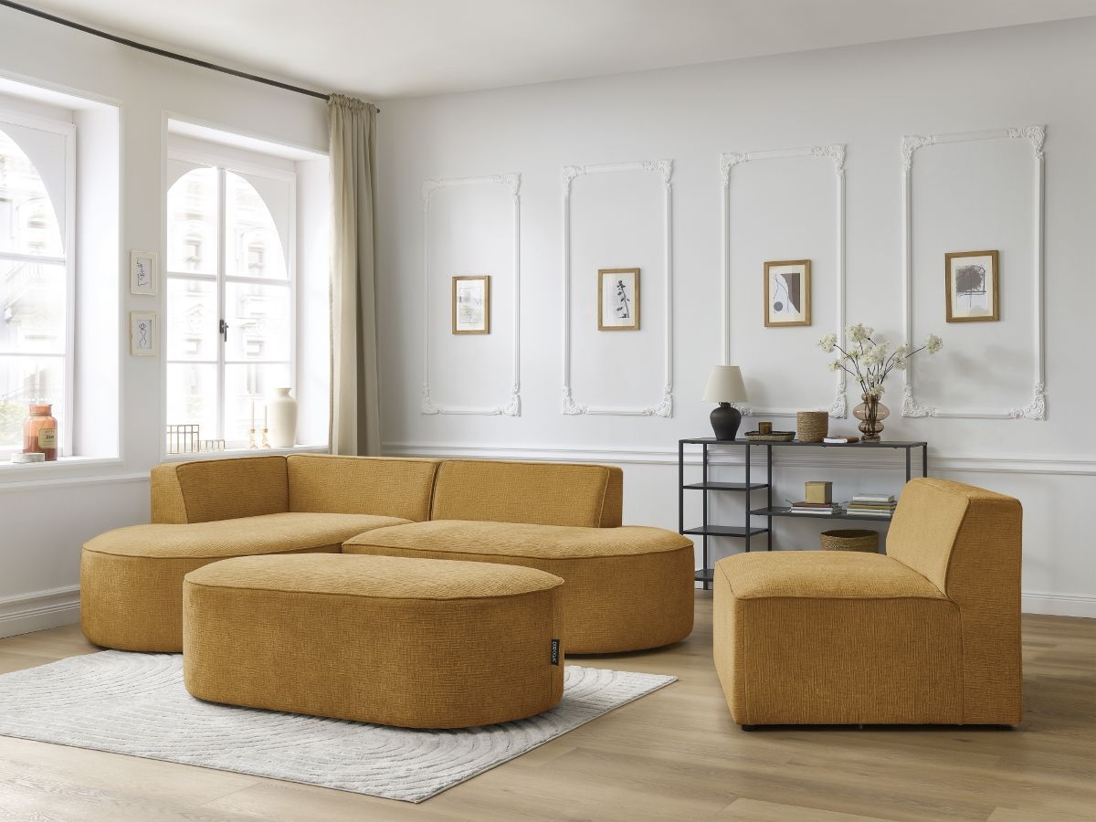 Canapé d'angle fixe modulable ROUSSEAU tissu texturé avec 1 chauffeuse et 1 pouf