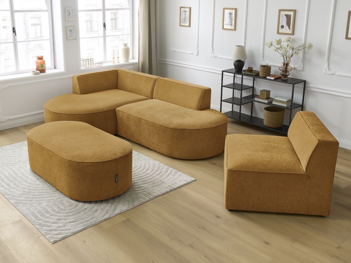 Canapé d'angle fixe modulable ROUSSEAU tissu texturé avec 1 chauffeuse et 1 pouf
