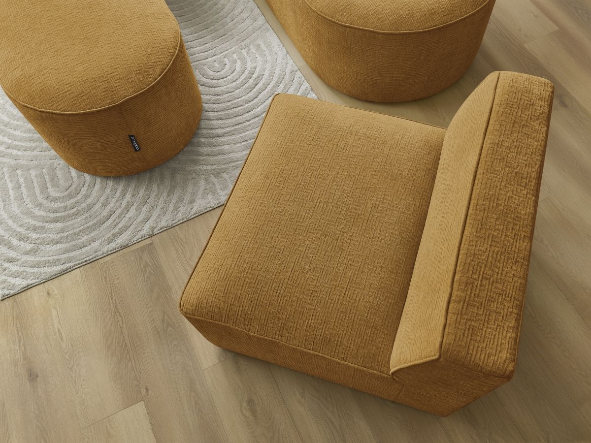 Canapé d'angle fixe modulable ROUSSEAU tissu texturé avec 1 chauffeuse et 1 pouf