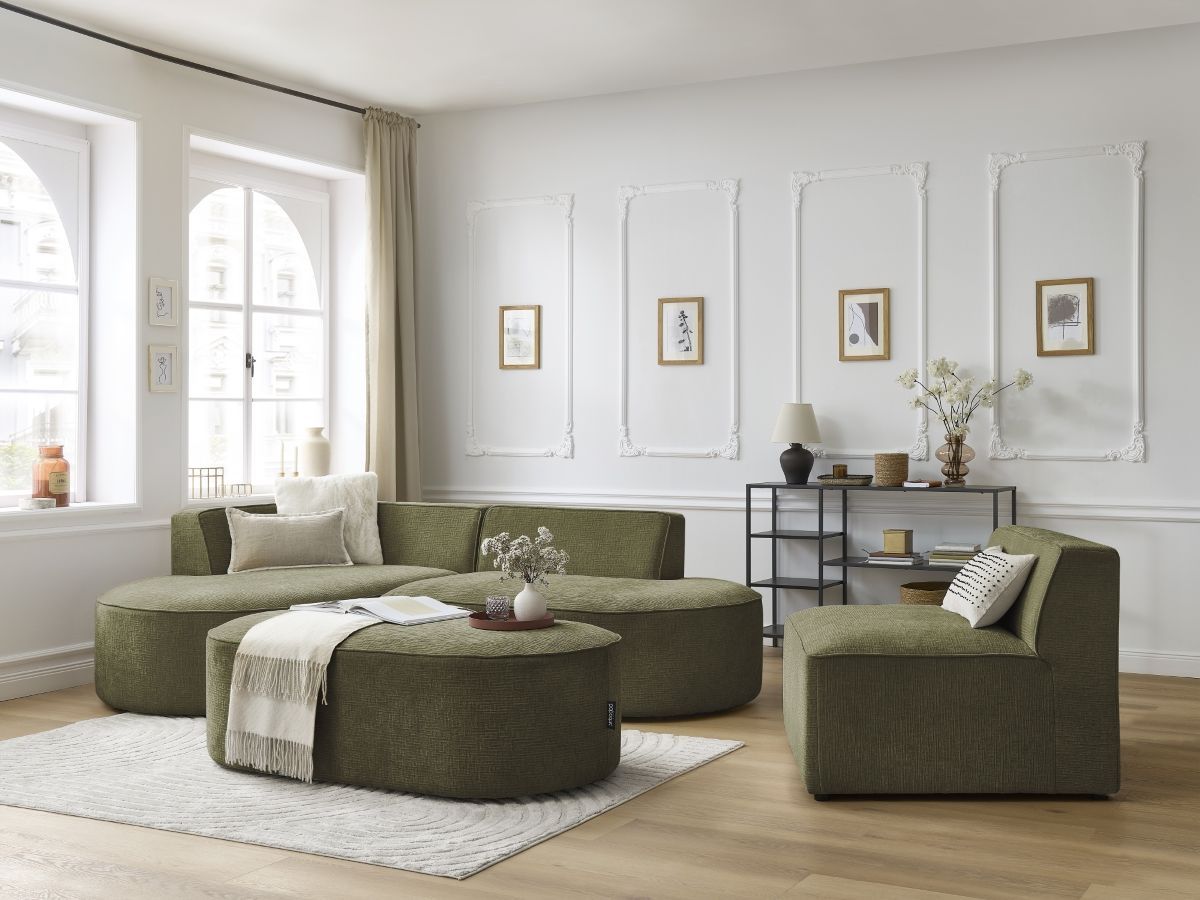 Canapé d'angle fixe modulable ROUSSEAU tissu texturé avec 1 chauffeuse et 1 pouf
