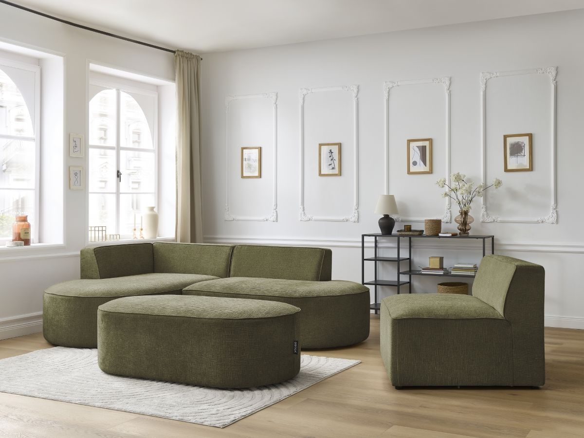 Canapé d'angle fixe modulable ROUSSEAU tissu texturé avec 1 chauffeuse et 1 pouf