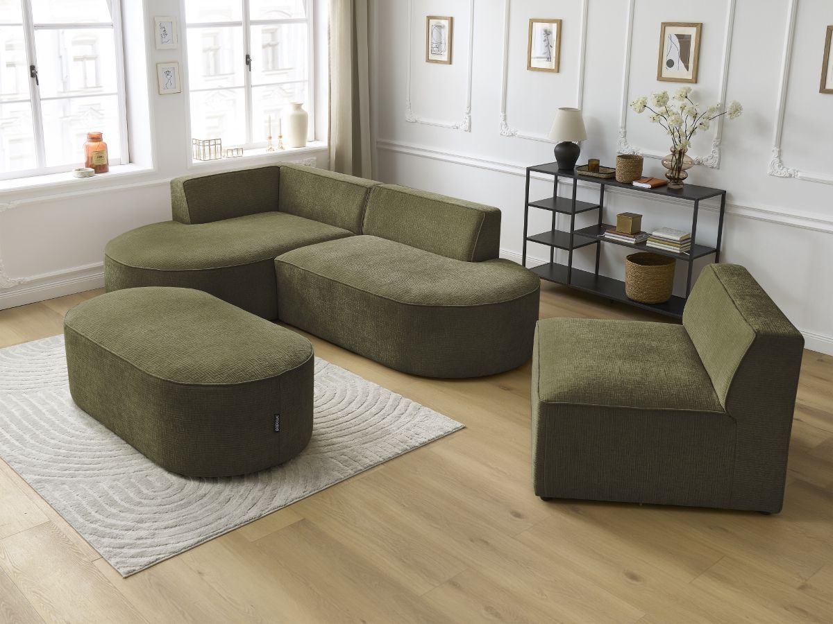 Canapé d'angle fixe modulable ROUSSEAU tissu texturé avec 1 chauffeuse et 1 pouf