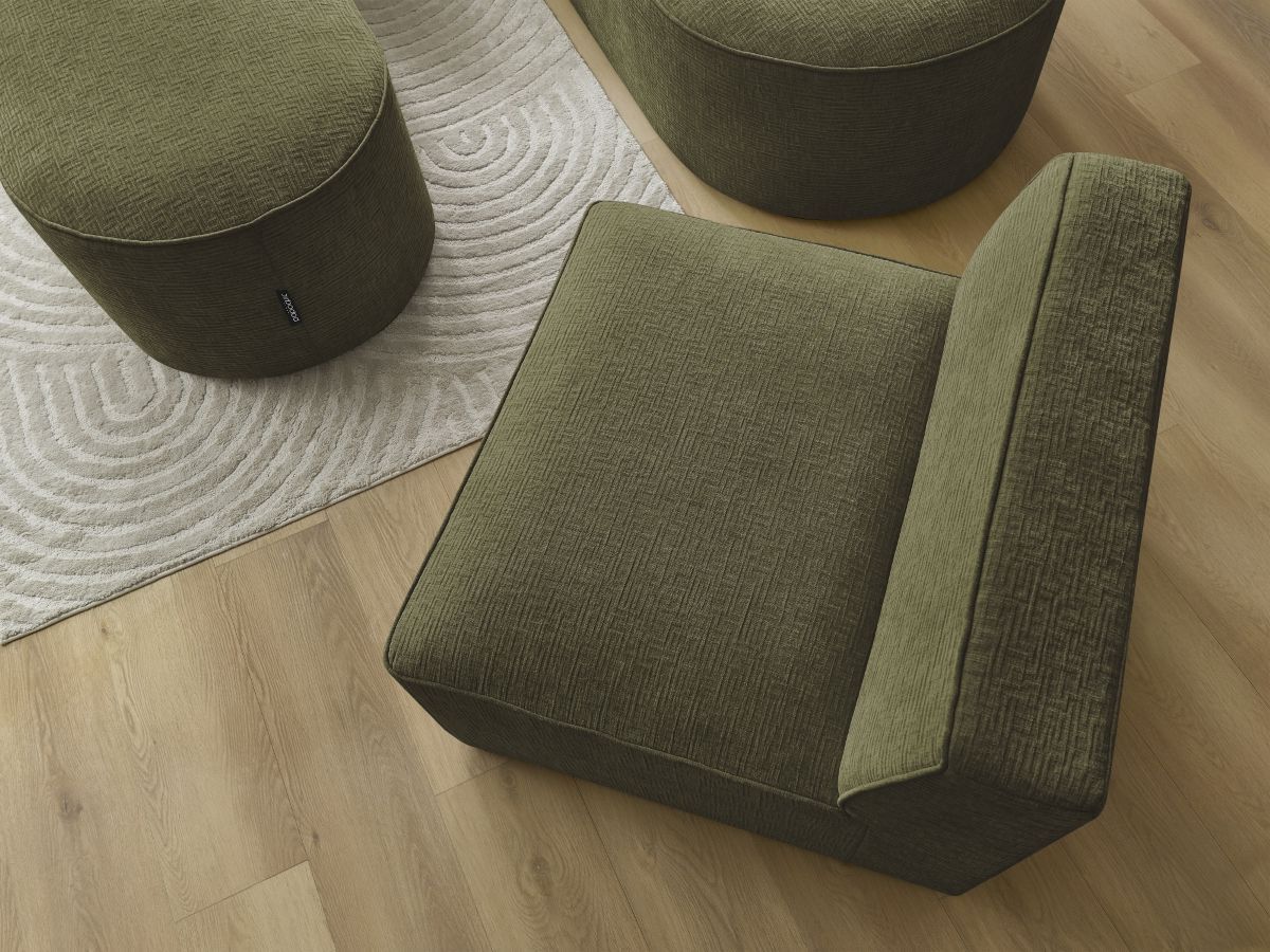 Canapé d'angle fixe modulable ROUSSEAU tissu texturé avec 1 chauffeuse et 1 pouf
