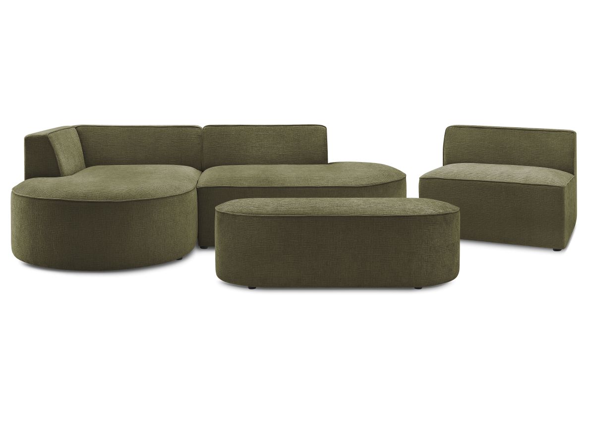 Canapé d'angle fixe modulable ROUSSEAU tissu texturé avec 1 chauffeuse et 1 pouf