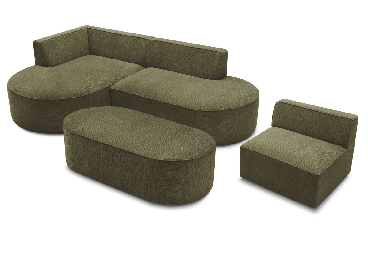 Canapé d'angle fixe modulable ROUSSEAU tissu texturé avec 1 chauffeuse et 1 pouf