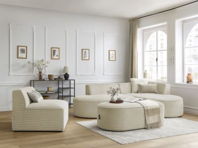 Canapé d'angle fixe modulable ROUSSEAU velours côtelé avec 1 chauffeuse et 1 pouf