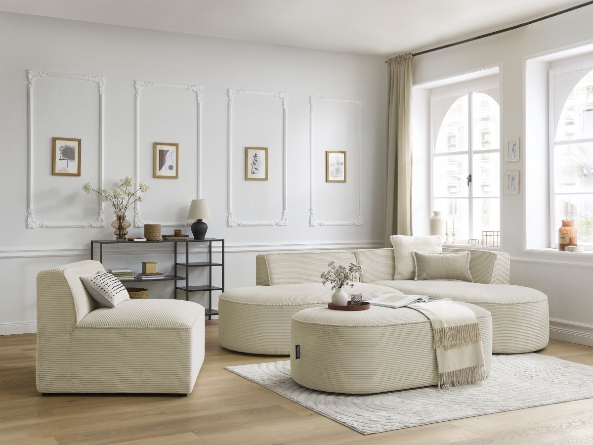 Canapé d'angle fixe modulable ROUSSEAU velours côtelé avec 1 chauffeuse et 1 pouf