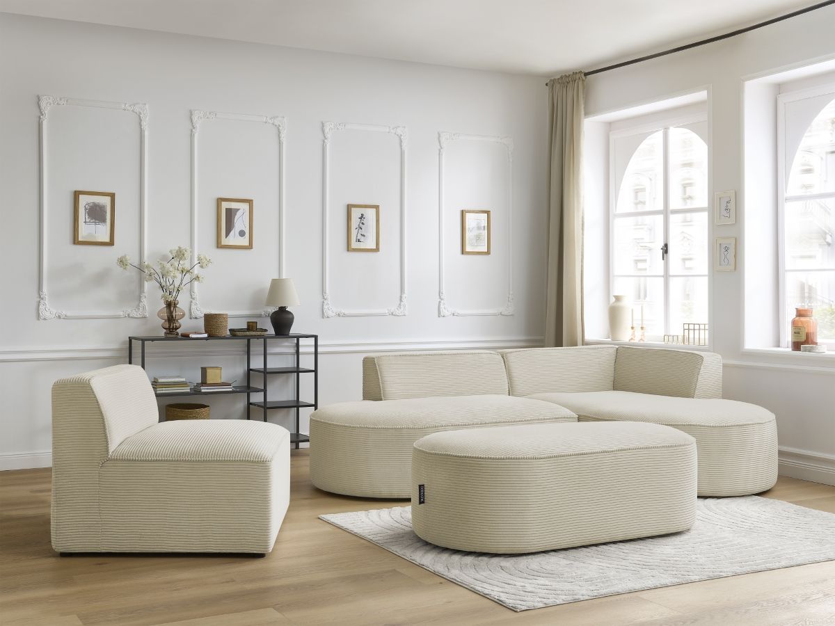 Canapé d'angle fixe modulable ROUSSEAU velours côtelé avec 1 chauffeuse et 1 pouf