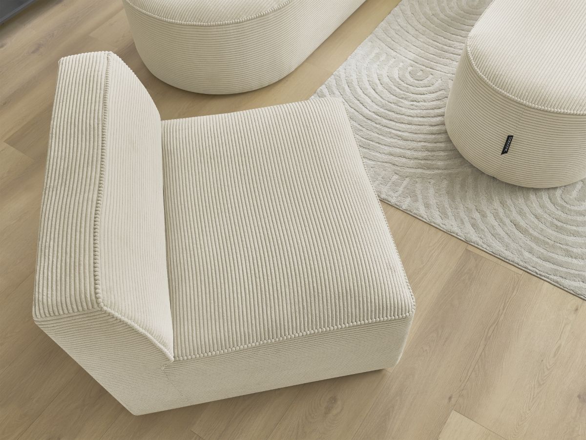 Canapé d'angle fixe modulable ROUSSEAU velours côtelé avec 1 chauffeuse et 1 pouf