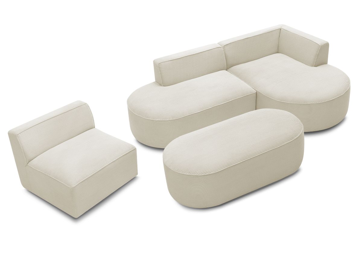 Canapé d'angle fixe modulable ROUSSEAU velours côtelé avec 1 chauffeuse et 1 pouf