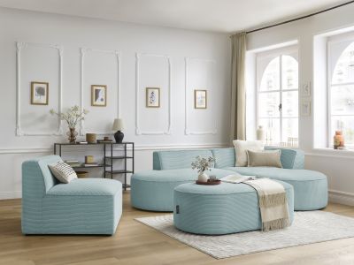 Canapé d'angle fixe modulable ROUSSEAU velours côtelé avec 1 chauffeuse et 1 pouf