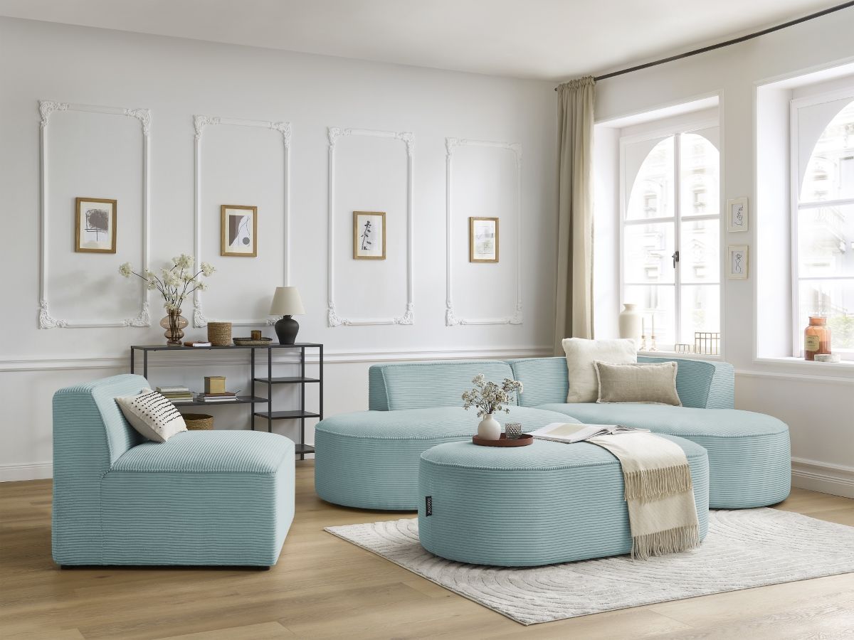 ROUSSEAU vaste modulaire hoekbank in corduroy met 1 fauteuil en 1 poef