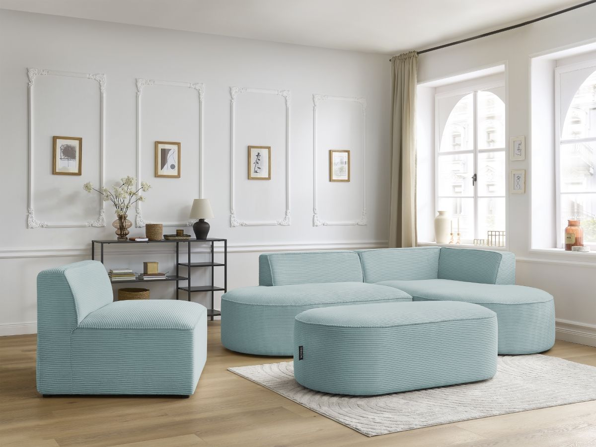 ROUSSEAU vaste modulaire hoekbank in corduroy met 1 fauteuil en 1 poef