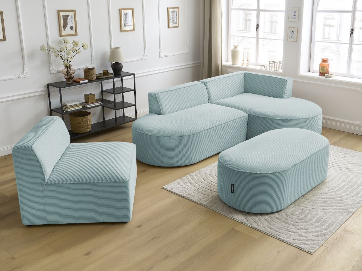 ROUSSEAU vaste modulaire hoekbank in corduroy met 1 fauteuil en 1 poef