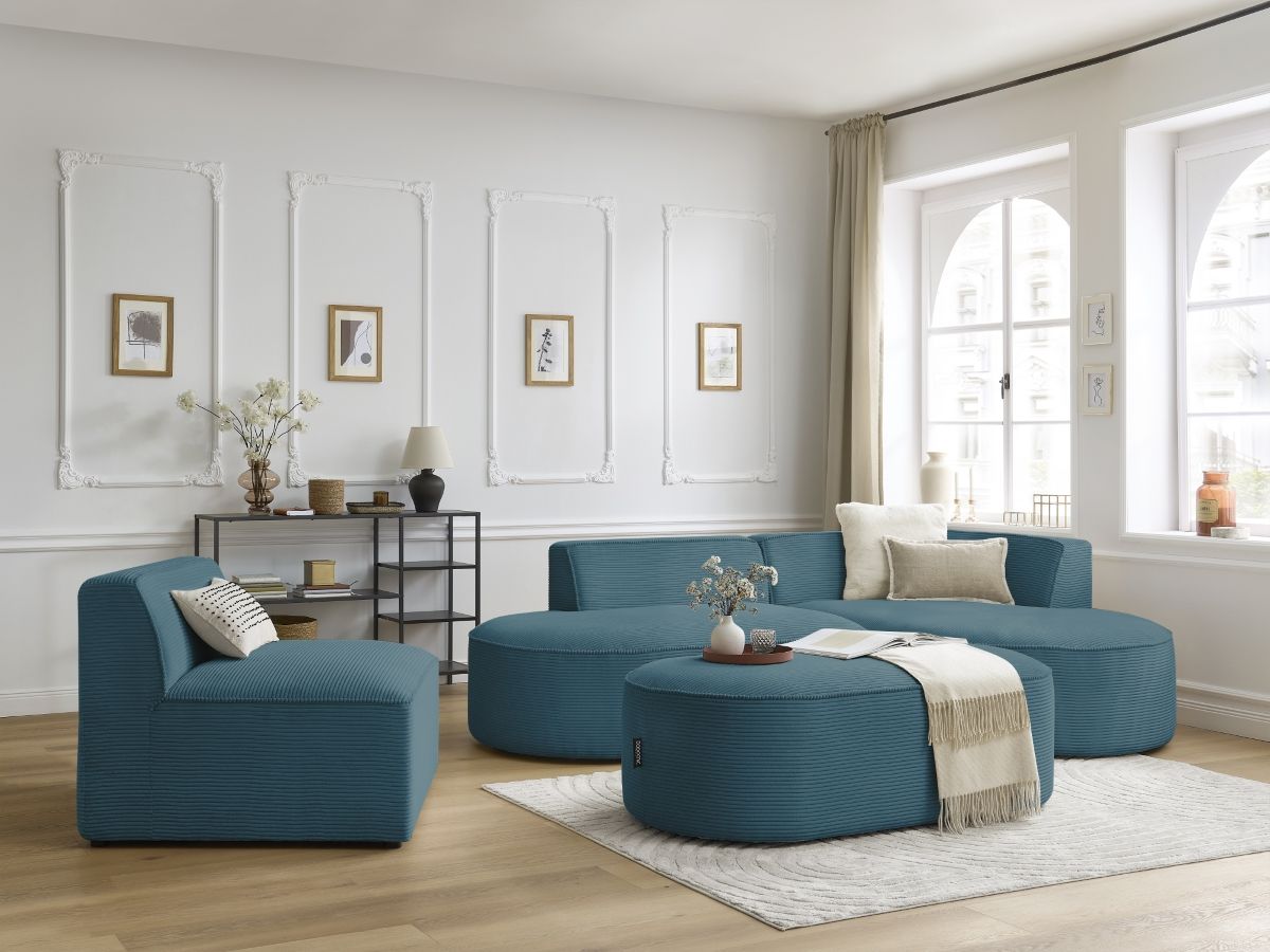 Canapé d'angle fixe modulable ROUSSEAU velours côtelé avec 1 chauffeuse et 1 pouf