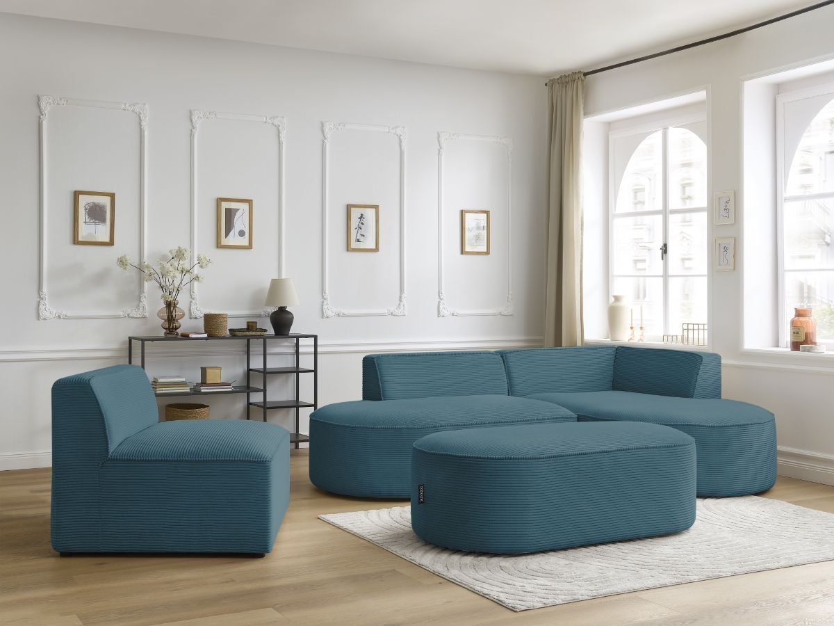 Canapé d'angle fixe modulable ROUSSEAU velours côtelé avec 1 chauffeuse et 1 pouf
