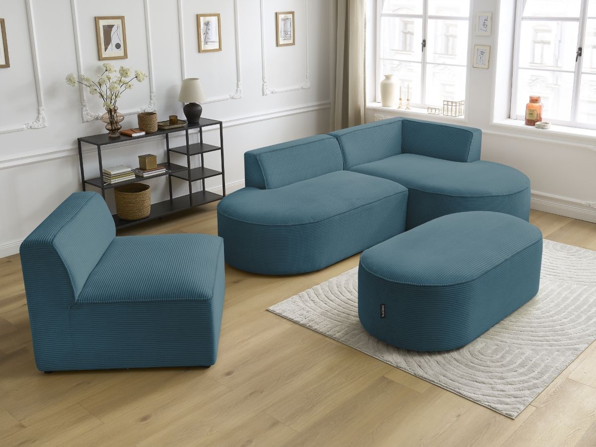Canapé d'angle fixe modulable ROUSSEAU velours côtelé avec 1 chauffeuse et 1 pouf