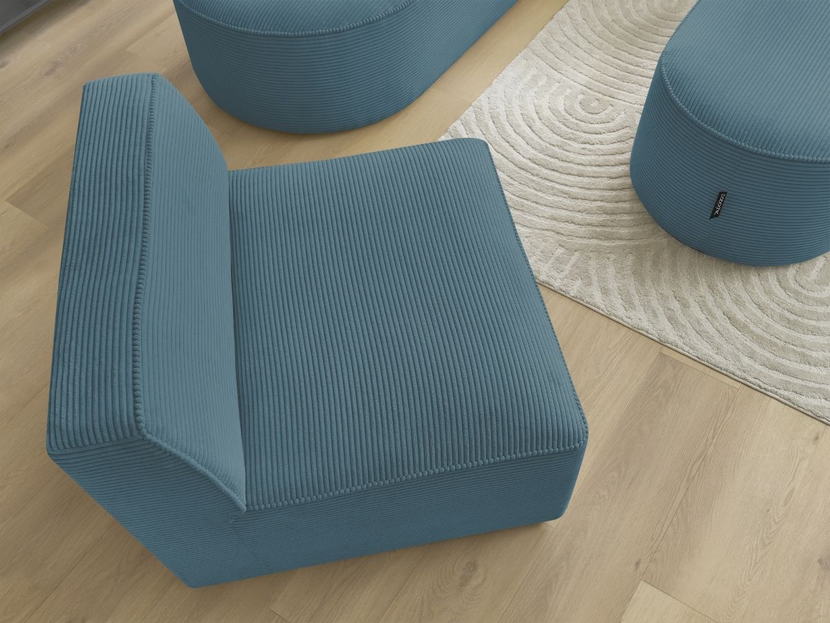 Canapé d'angle fixe modulable ROUSSEAU velours côtelé avec 1 chauffeuse et 1 pouf