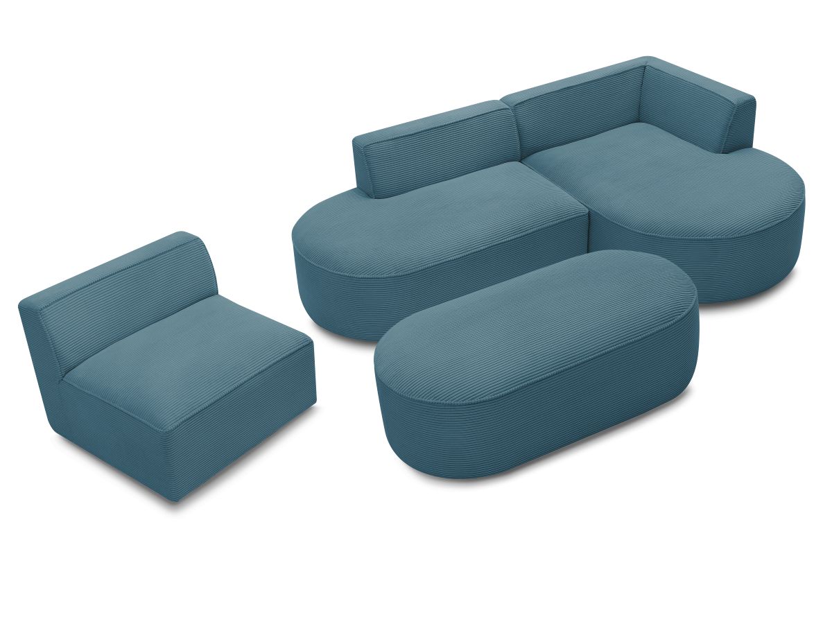 Canapé d'angle fixe modulable ROUSSEAU velours côtelé avec 1 chauffeuse et 1 pouf