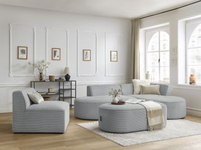 Canapé d'angle fixe modulable ROUSSEAU velours côtelé avec 1 chauffeuse et 1 pouf