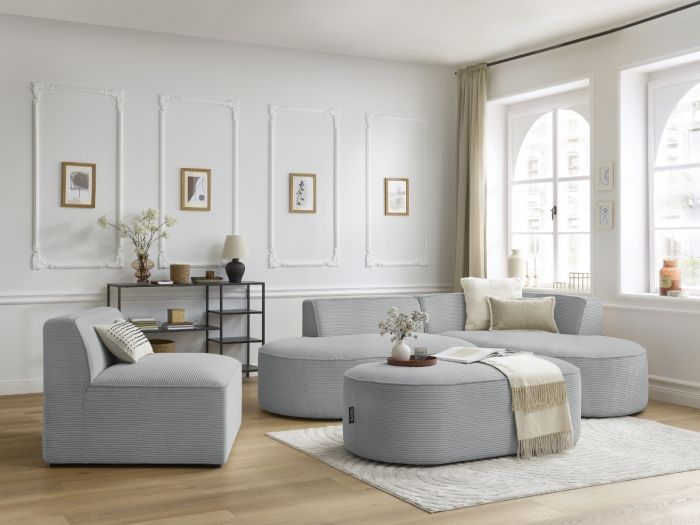 Canapé d'angle fixe modulable ROUSSEAU velours côtelé avec 1 chauffeuse et 1 pouf