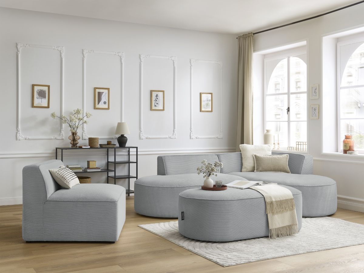 ROUSSEAU vaste modulaire hoekbank in corduroy met 1 fauteuil en 1 poef