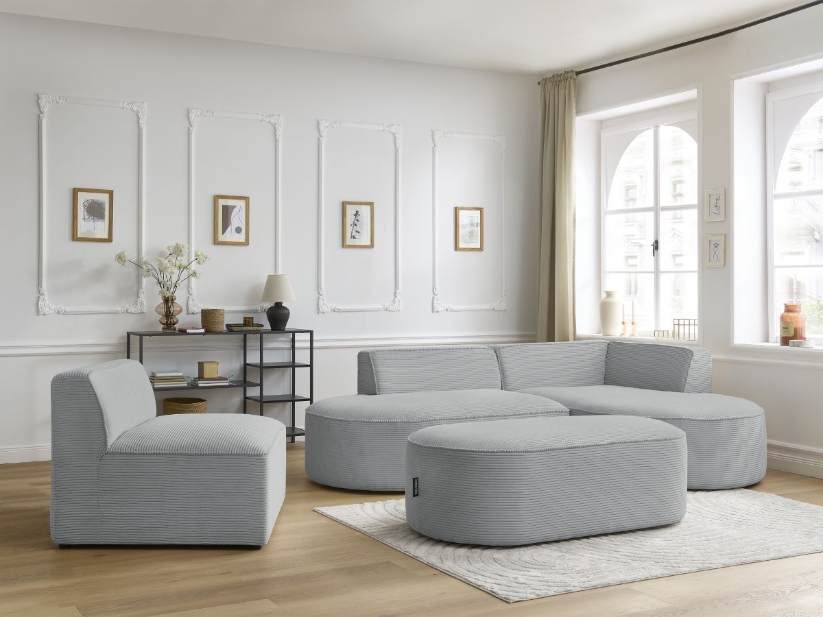 ROUSSEAU vaste modulaire hoekbank in corduroy met 1 fauteuil en 1 poef