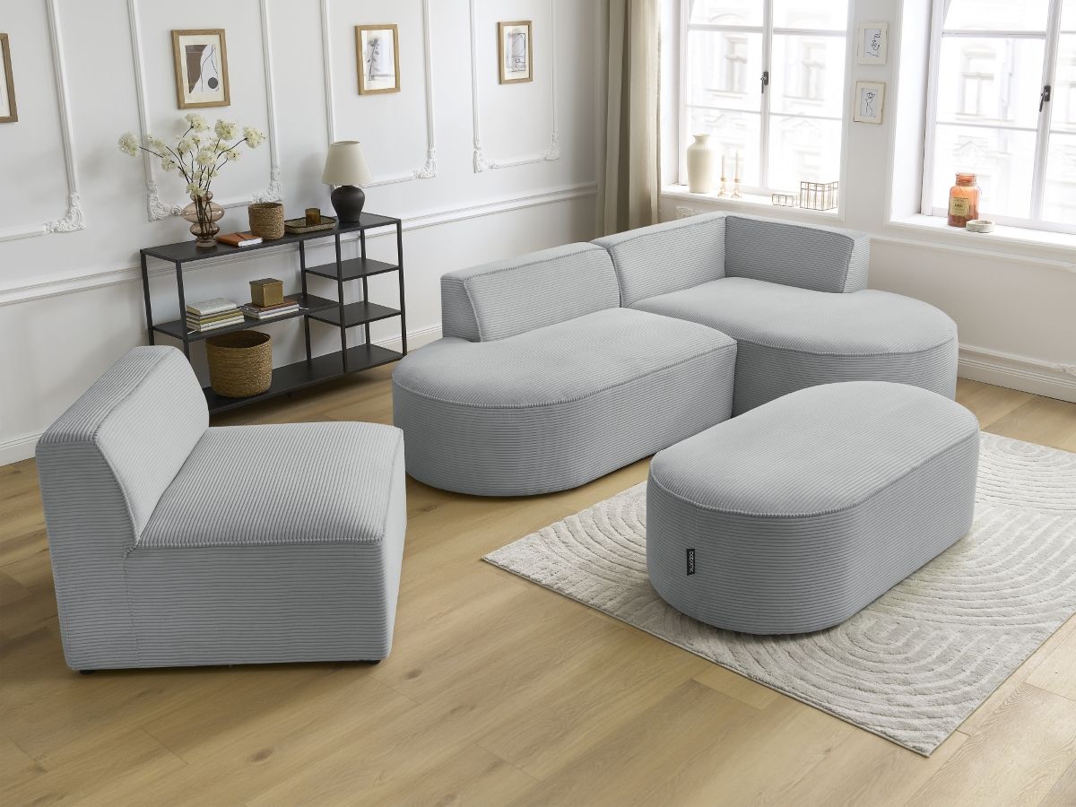 ROUSSEAU vaste modulaire hoekbank in corduroy met 1 fauteuil en 1 poef