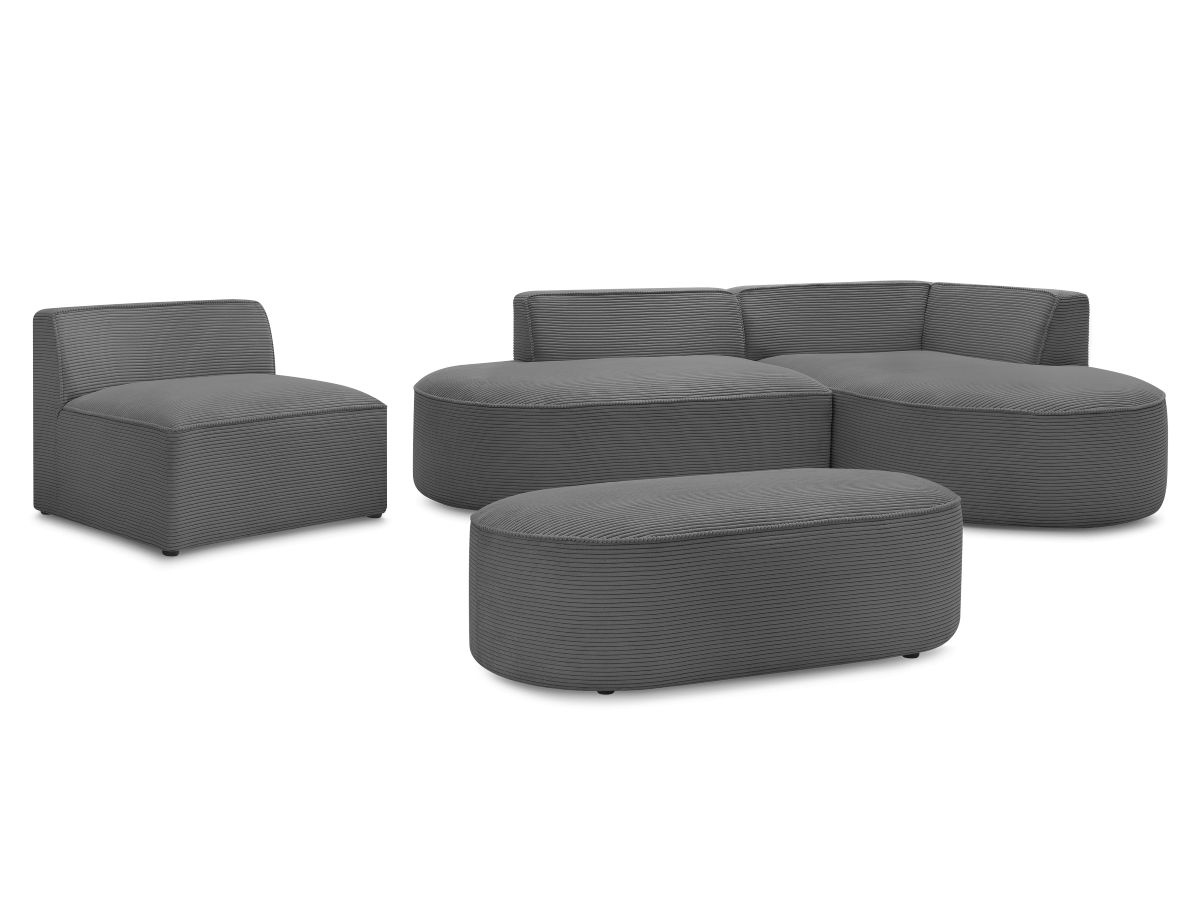 Canapé d'angle fixe modulable ROUSSEAU velours côtelé avec 1 chauffeuse et 1 pouf