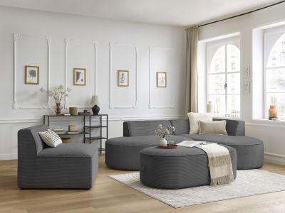 Canapé d'angle fixe modulable ROUSSEAU velours côtelé avec 1 chauffeuse et 1 pouf