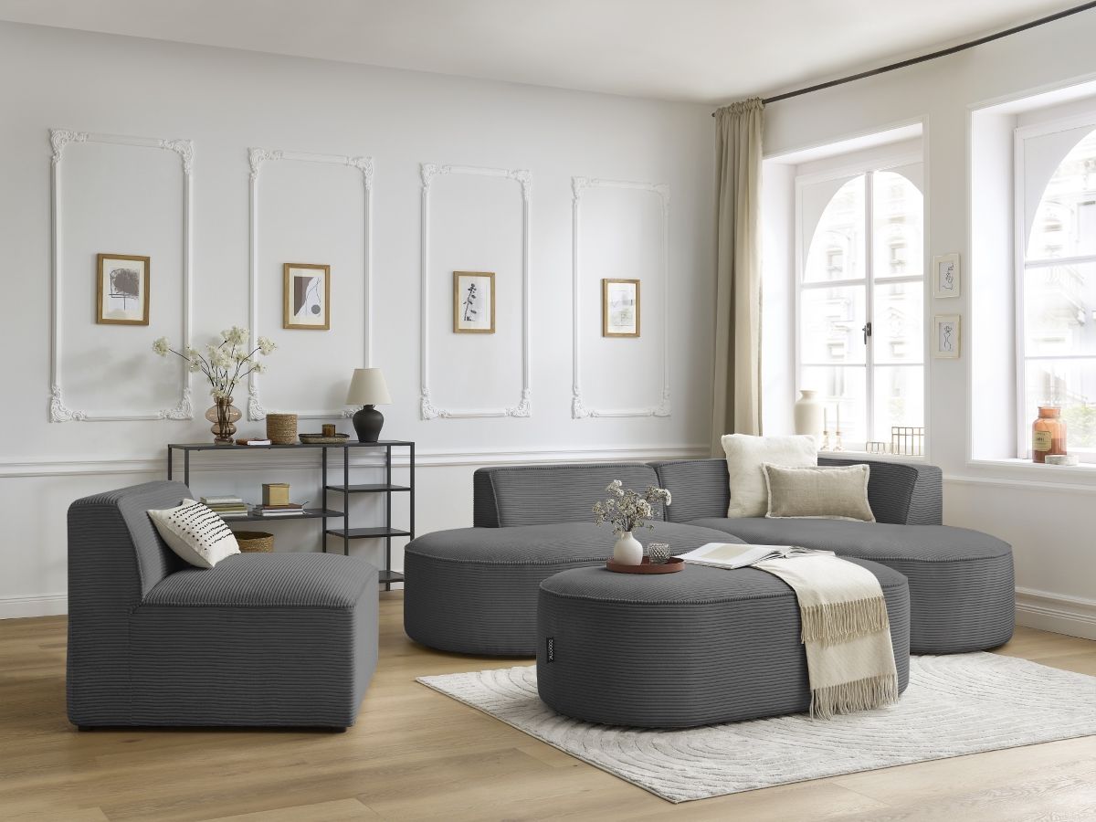 Canapé d'angle fixe modulable ROUSSEAU velours côtelé avec 1 chauffeuse et 1 pouf