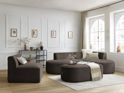 Canapé d'angle fixe modulable ROUSSEAU velours côtelé avec 1 chauffeuse et 1 pouf