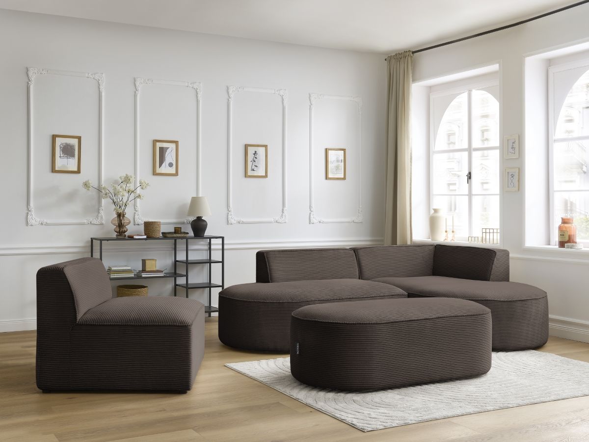 ROUSSEAU vaste modulaire hoekbank in corduroy met 1 fauteuil en 1 poef