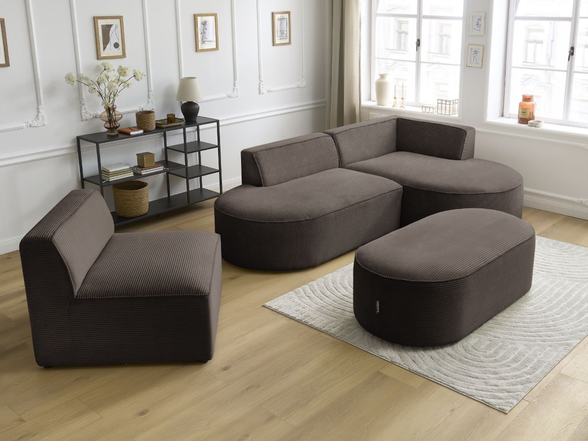 ROUSSEAU vaste modulaire hoekbank in corduroy met 1 fauteuil en 1 poef