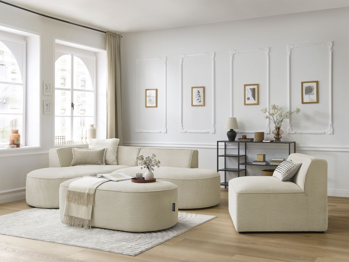 Canapé d'angle fixe modulable ROUSSEAU velours côtelé avec 1 chauffeuse et 1 pouf