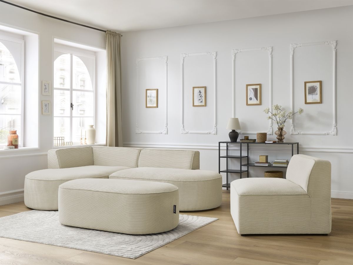 Canapé d'angle fixe modulable ROUSSEAU velours côtelé avec 1 chauffeuse et 1 pouf