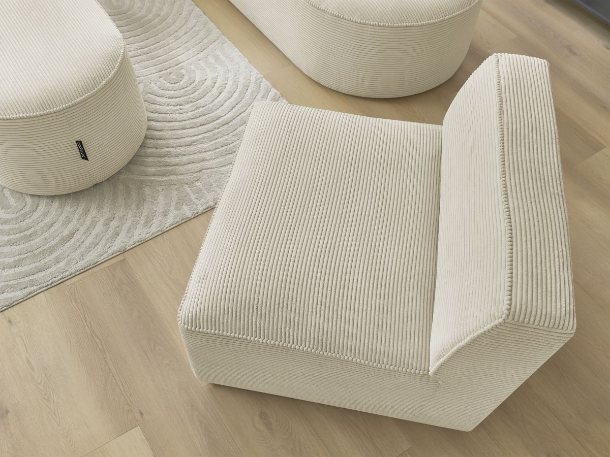 Canapé d'angle fixe modulable ROUSSEAU velours côtelé avec 1 chauffeuse et 1 pouf