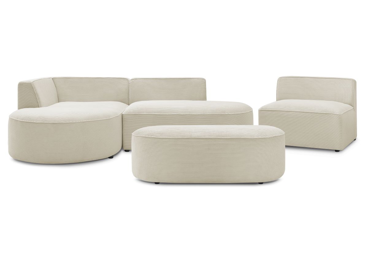 Canapé d'angle fixe modulable ROUSSEAU velours côtelé avec 1 chauffeuse et 1 pouf