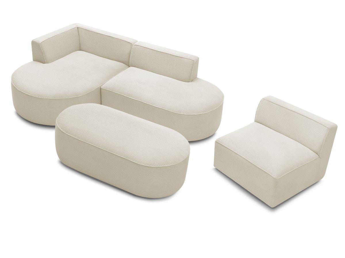 Canapé d'angle fixe modulable ROUSSEAU velours côtelé avec 1 chauffeuse et 1 pouf