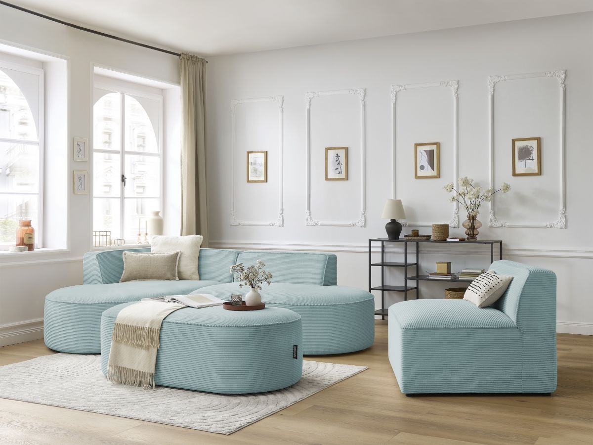 Canapé d'angle fixe modulable ROUSSEAU velours côtelé avec 1 chauffeuse et 1 pouf