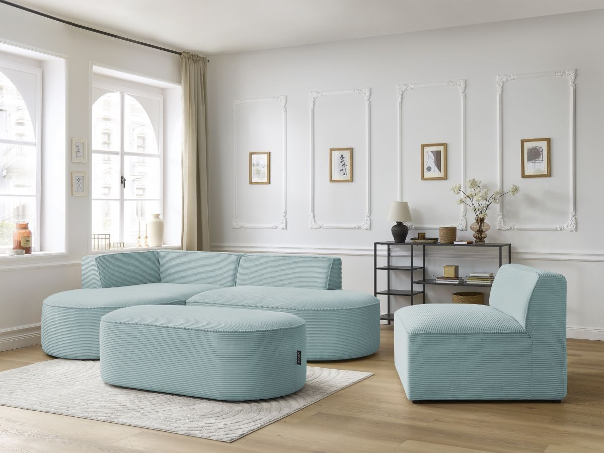 Canapé d'angle fixe modulable ROUSSEAU velours côtelé avec 1 chauffeuse et 1 pouf