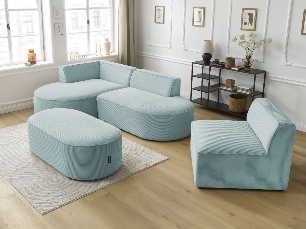 Canapé d'angle fixe modulable ROUSSEAU velours côtelé avec 1 chauffeuse et 1 pouf