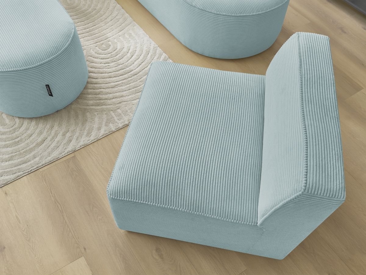 Canapé d'angle fixe modulable ROUSSEAU velours côtelé avec 1 chauffeuse et 1 pouf