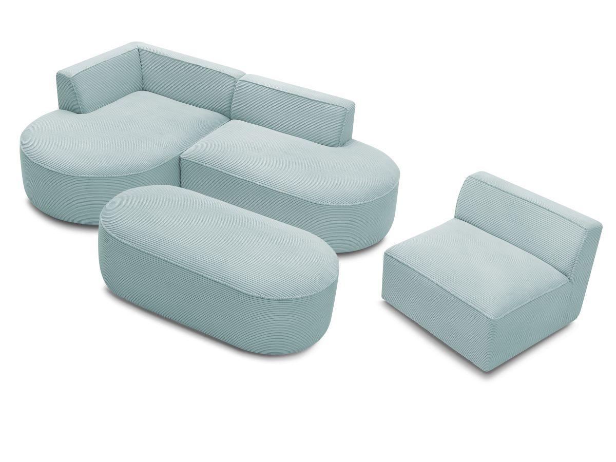 Canapé d'angle fixe modulable ROUSSEAU velours côtelé avec 1 chauffeuse et 1 pouf